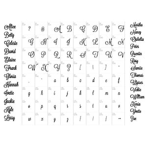 May include: A black and white font chart with the letters of the alphabet and numbers in a cursive style. The font is called "Scriptina".
