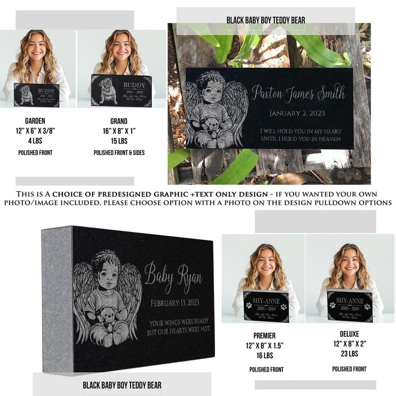 May include: Black granite memorial stones with different sizes and designs. The stones feature a baby angel with wings holding a teddy bear. The text on the stones includes names, dates, and quotes. The stones are available in Garden, Grand, Premier, and Deluxe sizes.