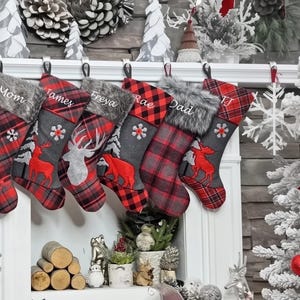 Buffalo Plaid Christmas Stockings Personalized with Embroidered Name or Wood Tag | Woodland Rustic Snowflake Button Faux Fur Flannel Check