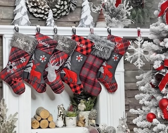 Buffalo Plaid Christmas Stockings Personalized with Embroidered Name or Wood Tag | Woodland Rustic Snowflake Button Faux Fur Flannel Check