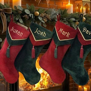 Designer Olive Velvet Christmas Stockings V-Cuff Tassel - Custom Embroidered with Names Burgundy Gold Classic Traditional Style Stocking