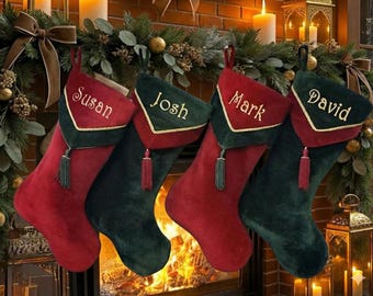 Designer Olive Velvet Christmas Stockings V-Cuff Tassel - Custom Embroidered with Names Burgundy Gold Classic Traditional Style Stocking
