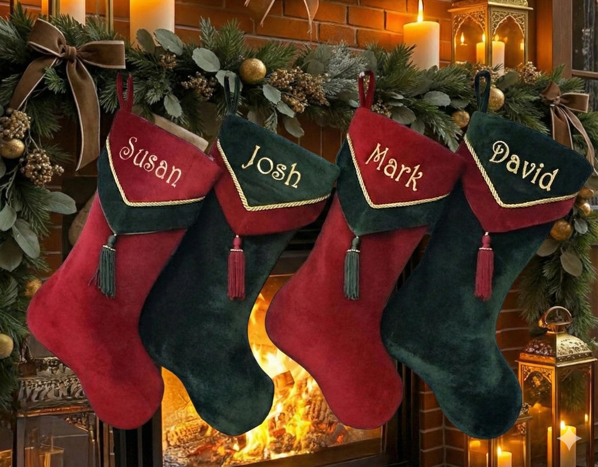 Designer Olive Velvet Christmas Stockings V-cuff Tassel - Custom Embroidered With Names Burgundy Gold Classic Traditional Style Stocking
