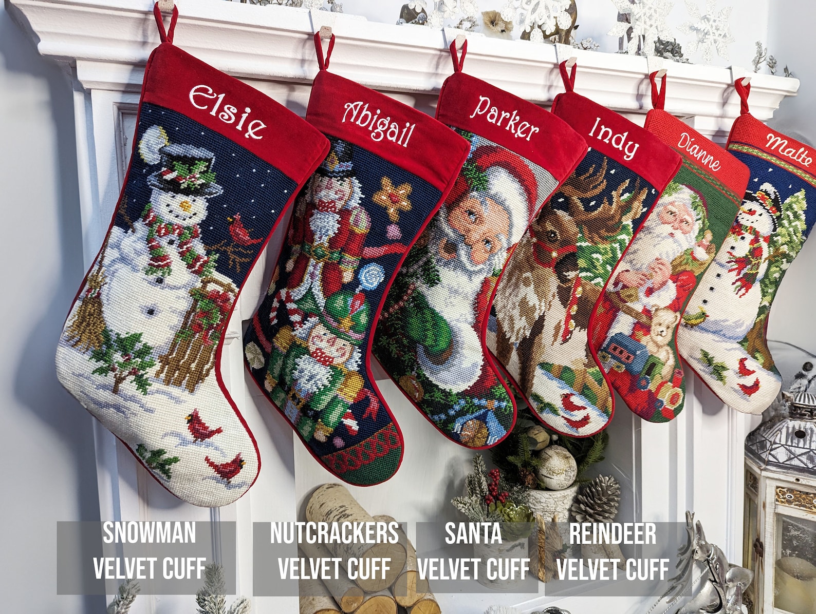 Needlepoint Christmas Stockings Personalized Santa Nutcracker Reindeer Old World Finished Embroidered Stockings with Names - Nutcrckr 3"Vlvt Cuff, Christmas Script