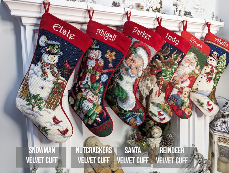 Needlepoint Christmas Stockings Personalized Santa Nutcracker Reindeer Old World Finished Embroidered Stockings with Names image 3