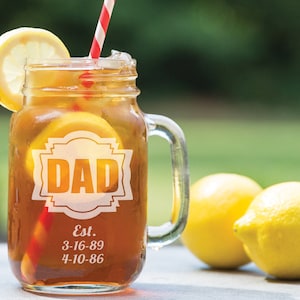 DAD Fathers Day Gift Idea Engraved Mason Jar Mug Personalized Drinking Glass Etched Gift for Father Grandpa Kids Birth Dates