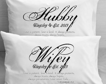 1 Corinthians 13 Love Bible Verse  Pillow Cases Mr Mrs Wife Husband Wedding, Anniversary gift idea for couple Love is Patient Love is Kind