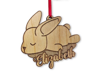 Custom Cute Bunny Wood Ornament Engraved Rabbit Childs Birthday Gift Personalized First Pet Baby Bunnies Decoration Animal Lover Farm Decor