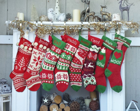 Knitted Christmas Stockings Red IVORY Green Fun Snowflake Family
