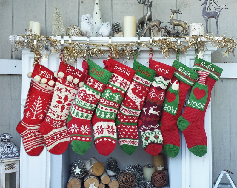 Knitted Christmas Stockings Red IVORY Green Fun Snowflake Family with Pets Cat Mouse Meow and Dog Bone Woof Knit Personalized Embroidered 