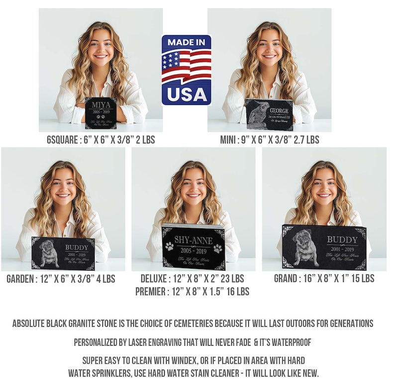 May include: Black granite pet memorial with laser engraved image of a dog and text. Available in 6-inch square, 9-inch mini, 12-inch garden, 12-inch deluxe, 12-inch premier, and 16-inch grand sizes.