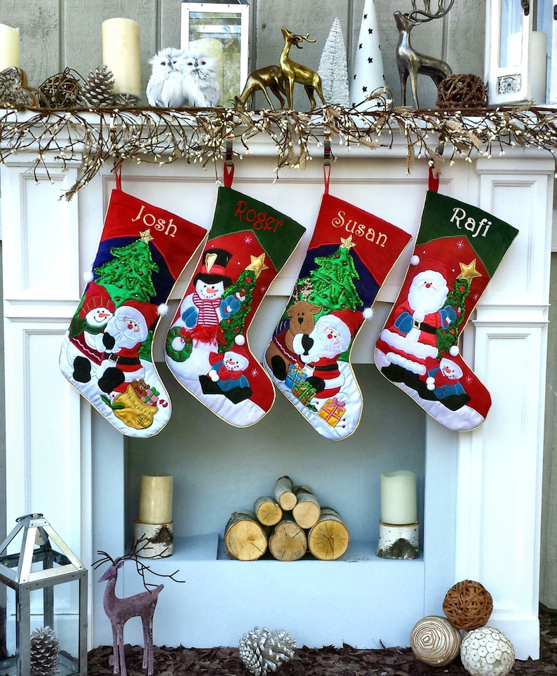 Applique Santa and Friends Christmas Stockings Embroidered with Names or Personalized Monogram for Kids and Adults image 3