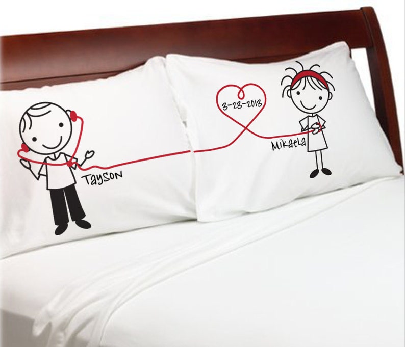 Valentines Day Gift Listen to My Heart Boyfriend Girlfriend Valentine for him her Couple Pillowcases Personalized Stick People Lovers Love image 1