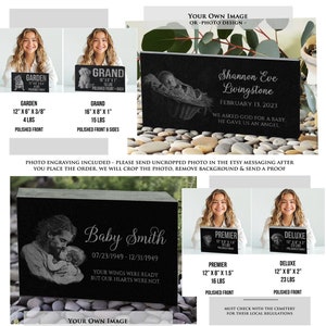 May include: Black granite memorial stones with engraved photos and text. The stones are available in different sizes and styles, including Garden, Grand, Premier, and Deluxe. The text on the stones includes names, dates, and messages.  The stones are suitable for use as headstones or grave markers.