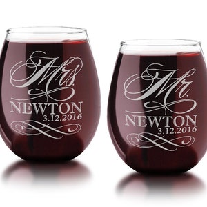 Set of 2 Personalized Mr. Mrs. Stemless Wine Glasses Last Name and Date Couples Wedding Anniversary Engagement Gift Custom Engraved Glasses