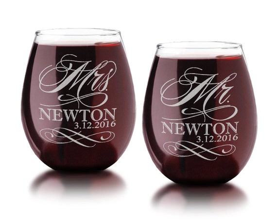 Wine Glasses - Stemless Wine Glasses Set of 2 Crystal Mr Mrs Wine