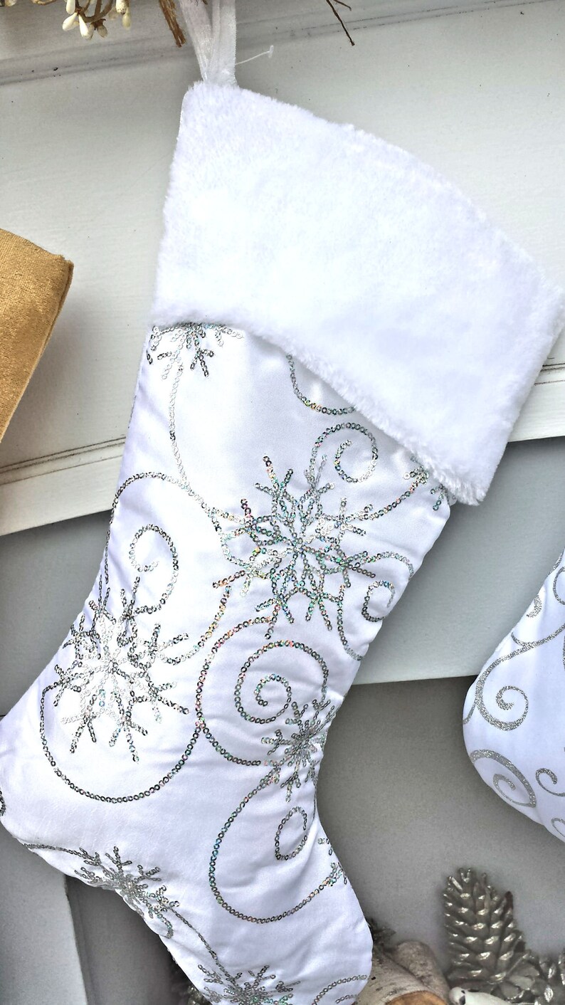 Personalized Elegant Silver White Christmas Stockings Etsy