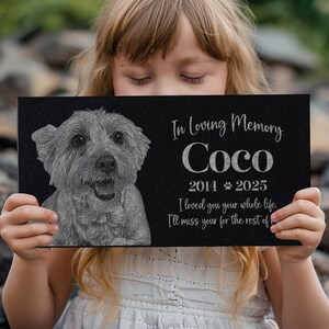 May include: Black granite pet memorial with a photo of a dog and the text "In Loving Memory Coco 2014 2025 I loved you your whole life. I'll miss you for the rest of"
