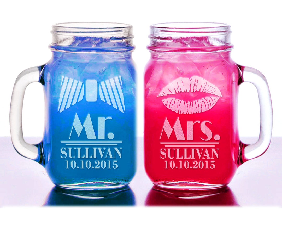 Mr and Mrs Bow Tie Lips Set of 2 Mason Jars Engraved Party Favor