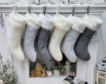 Grey Off White Cable Knit Christmas Stockings with Faux Fur Cuff Personalized with Cutout Wood Name Tag Custom Family Holiday 2025