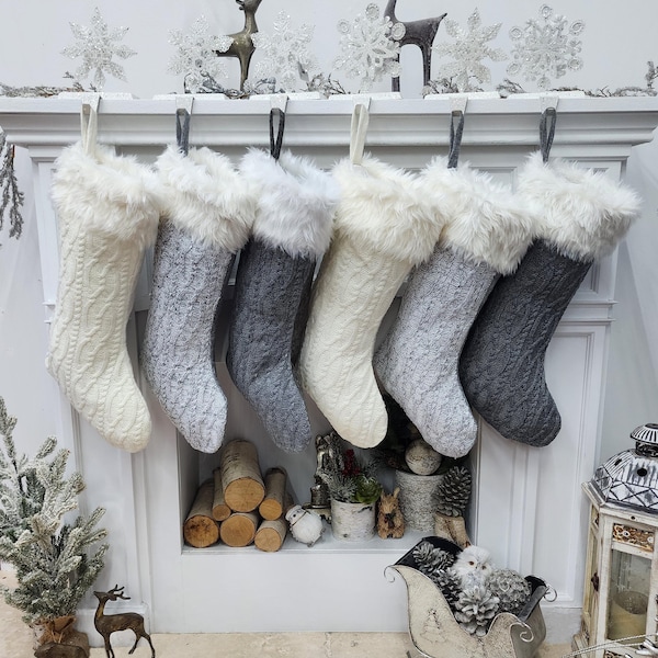 Grey Off White Cable Knit Christmas Stockings with Faux Fur Cuff Personalized with Cutout Wood Name Tag Custom Family Holiday 2025