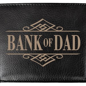 RFID Blocking Bank of Dad Personalized Men's Black Bifold Leather Wallet Funny Fathers Day Gift for Daddy Custom Dad Birthday Present Idea