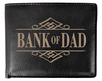 RFID Blocking Bank of Dad Personalized Men's Black Bifold Leather Wallet Funny Fathers Day Gift for Daddy Custom Dad Birthday Present Idea