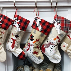 Winter Snowman & Festive Reindeer Christmas Stockings Buffalo Plaid Bunny Cardinals Fox Woodland Animals Personalized Embroidery Name Tag image 2