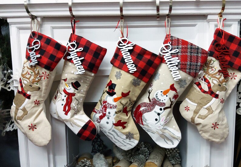 Winter Snowman & Festive Reindeer Christmas Stockings Buffalo Plaid Bunny Cardinals Fox Woodland Animals Personalized Embroidery Name Tag image 2