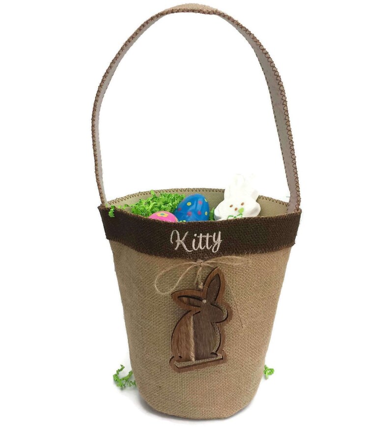 Burlap Easter Basket With Wooden Bunny Personalized Easter Etsy
