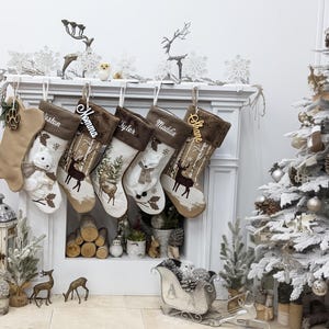 Woodland Lodge Deer Squirrel Fox Sherpa Christmas Stocking - White Brown Personalized Stockings Christmas Kids Children & Family 2025
