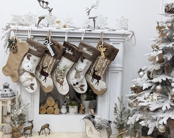 Woodland Lodge Deer Squirrel Fox Sherpa Christmas Stocking - White Brown Personalized Stockings Christmas Kids Children & Family 2025