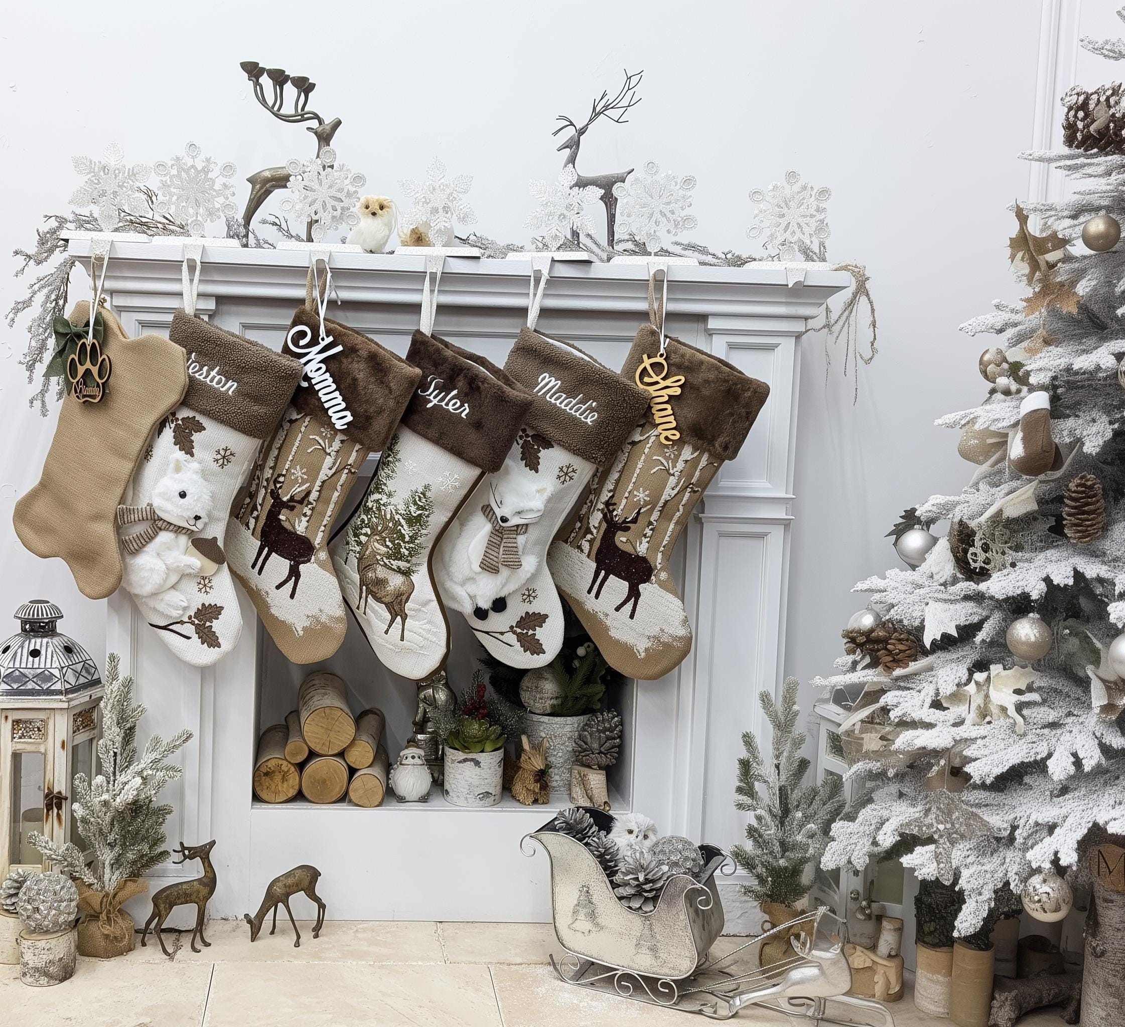 Woodland Lodge Deer Squirrel Fox Sherpa Christmas Stocking - White Brown Personalized Stockings Christmas Kids Children & Family 2025