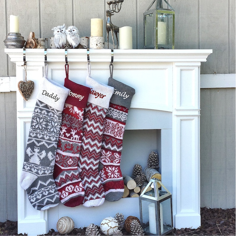 Personalized Large 28 Knitted Christmas Stockings Red Grey White Intarsia Fair Isle Nordic Modern Christmas Stockings for Holidays image 1