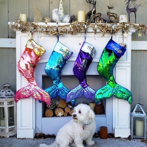 May include: Four mermaid tail Christmas stockings with names "Nancy", "Savanna", "Alex", and "Katelyn" embroidered on them. The stockings are hanging on a white fireplace mantel with a white dog sitting in front of it.