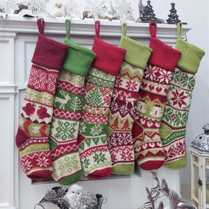 Personalized Extra Large Green Red Knitted Christmas Stockings - Fair Isle Intarsia with Cardinal, Tree, Snowman, and Snowflakes Embroidered