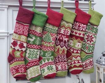 Personalized Extra Large Green Red Knitted Christmas Stockings - Fair Isle Intarsia with Cardinal, Tree, Snowman, and Snowflakes Embroidered