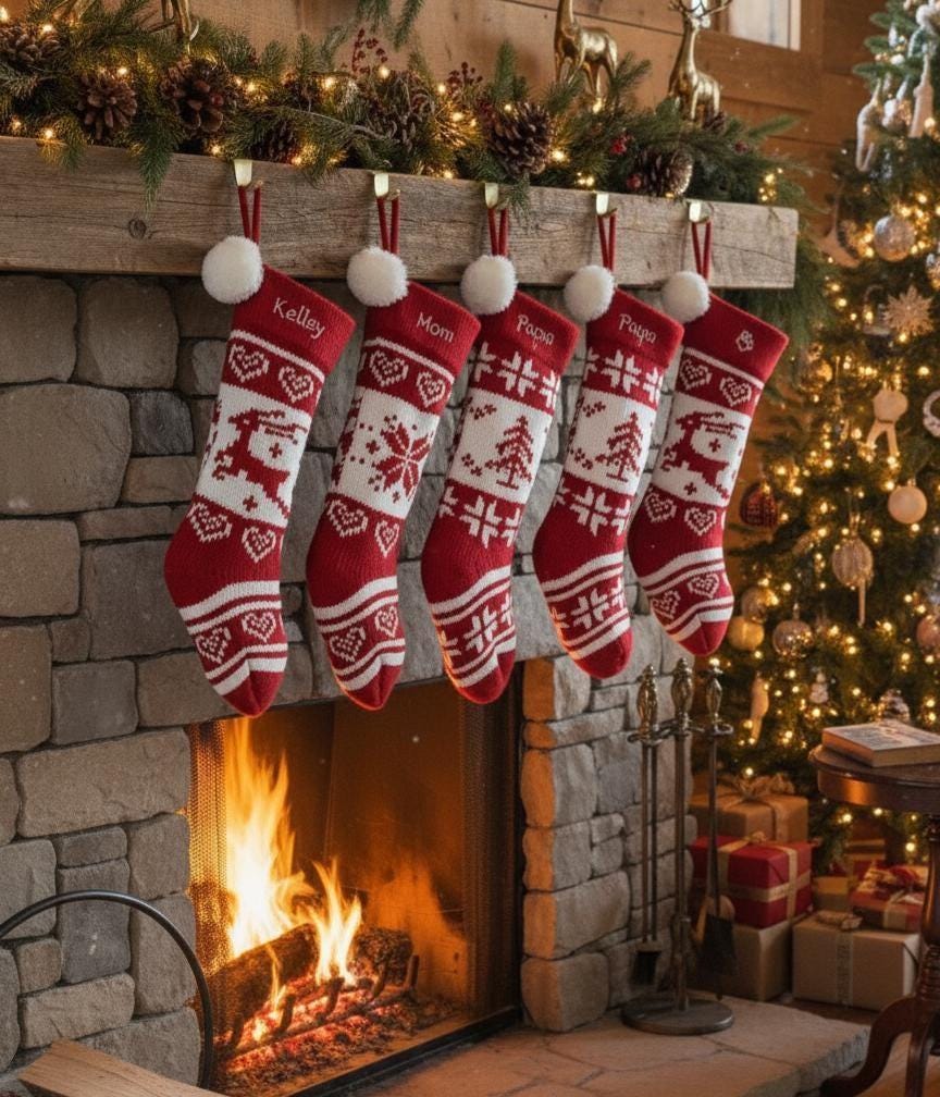 Embroidered Red White Fair Isle Personalized 20" Knitted Christmas Stockings Intarsia Knit Modern Snowflake Reindeer Tree Pom Pom Kids Xmas