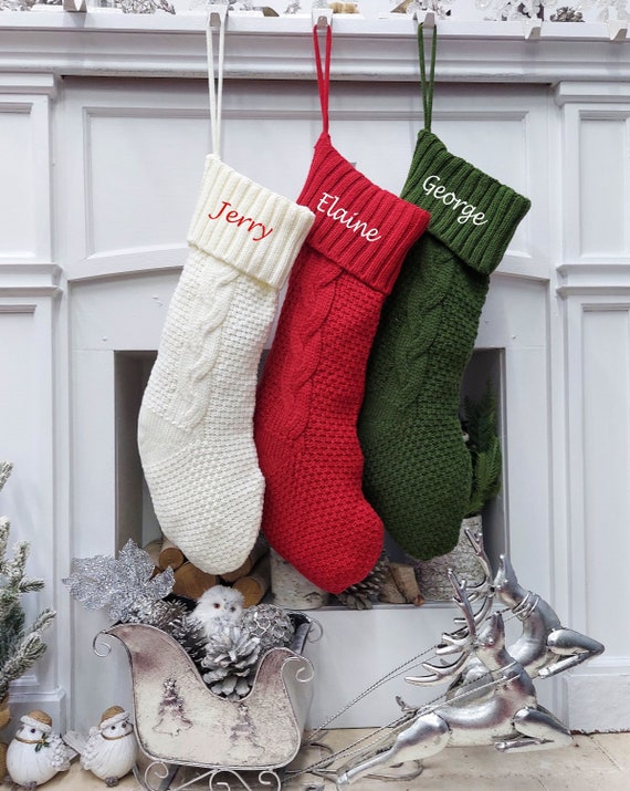 Chunky Cable Knit Christmas Stockings Aran Isle Knit Red Green