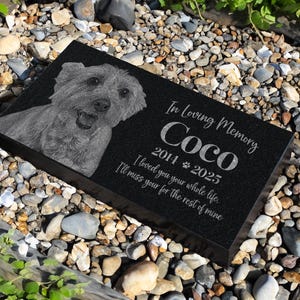 May include: Black granite pet memorial with a white etched image of a dog and the text "In Loving Memory Coco 2014 2025 I loved you your whole life. I'll miss your for the rest of mine."