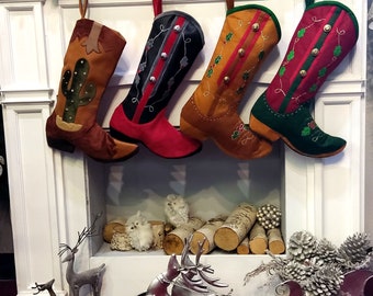 Custom Cowboy Boots Christmas Stockings Country Western Personalized with Embroidered Names or Monogram for Cowboys or Cowgirls
