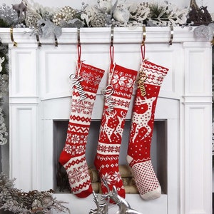 Knit Christmas Stockings Red White Reindeer or Snowflake Design Scandinavian Nordic Modern Holiday Theme Minimalist Look Custom Long image 2