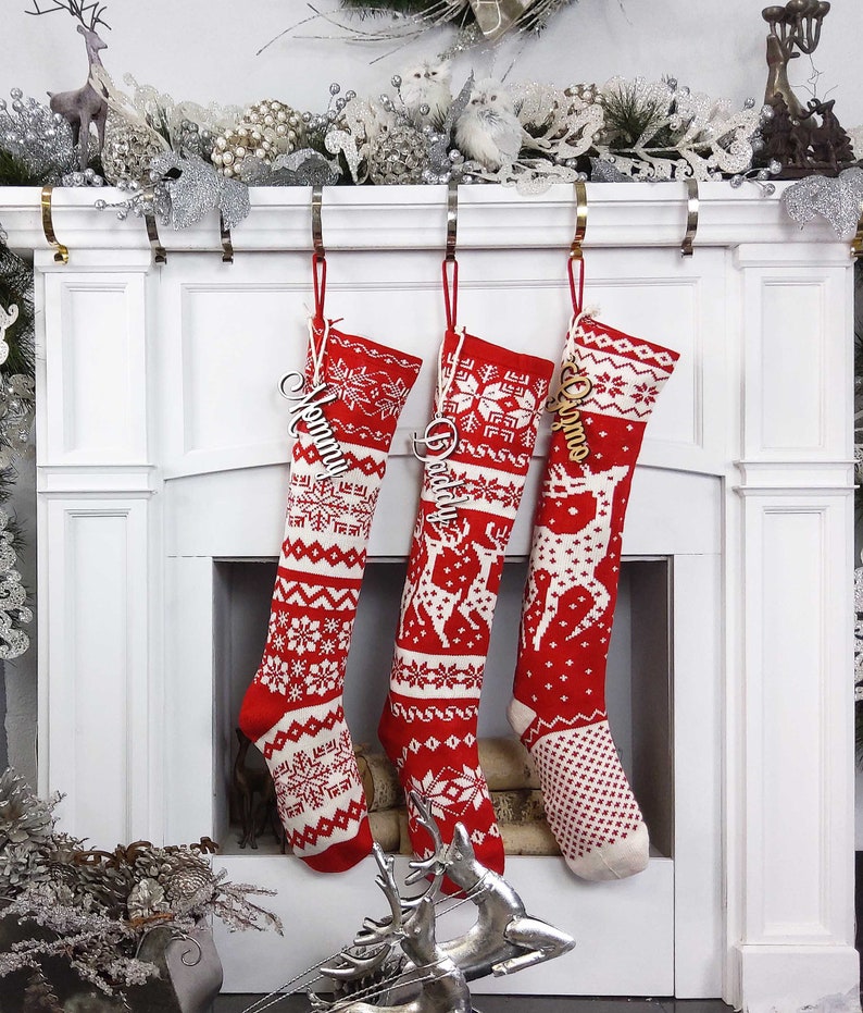 Knit Christmas Stockings Red White Reindeer or Snowflake Etsy