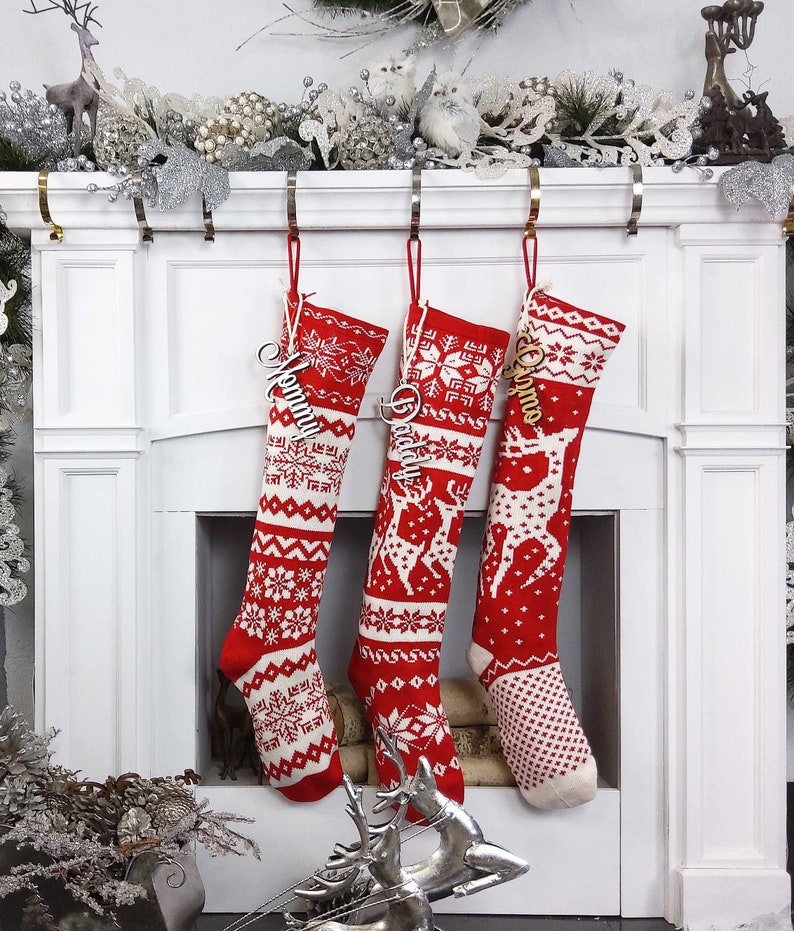 Knit Christmas Stockings Red White Reindeer or Snowflake Design Scandinavian Nordic Modern Holiday Theme Minimalist Look Custom Long image 2