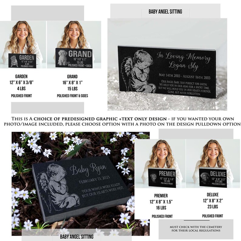 May include: A black granite memorial stone with a baby angel design. The stone is engraved with the text "In Loving Memory Logan Sly" and the dates "May 14th 2003 - August 16th 2003". The stone is 12 inches by 8 inches and 2 inches thick. It weighs 23 pounds.