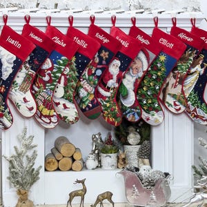 Needlepoint Christmas Stockings Personalized Santa Nutcracker Reindeer Old World Finished Embroidered Stockings with Names
