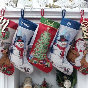 Vintage Tapestry Christmas Collection | Santa Snowman Tree Personalized Christmas Stockings Embroidered Name Wood Tag Classic Age-Old Decor