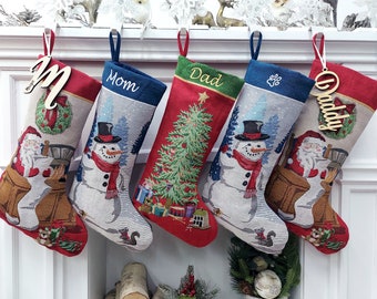 Vintage Tapestry Christmas Collection | Santa Snowman Tree Personalized Christmas Stockings Embroidered Name Wood Tag Classic Age-Old Decor