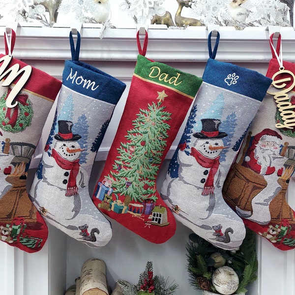 Vintage Tapestry Christmas Collection | Santa Snowman Tree Personalized Christmas Stockings Embroidered Name Wood Tag Classic Age-Old Decor