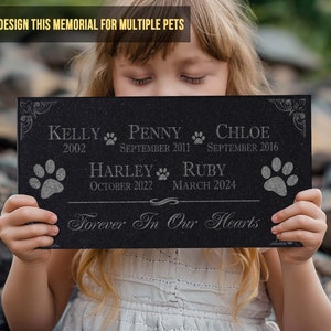 May include: Black granite memorial plaque with paw prints and the names Kelly, Penny, Chloe, Harley, and Ruby, along with their dates. The text "Forever In Our Hearts" is engraved below the names.